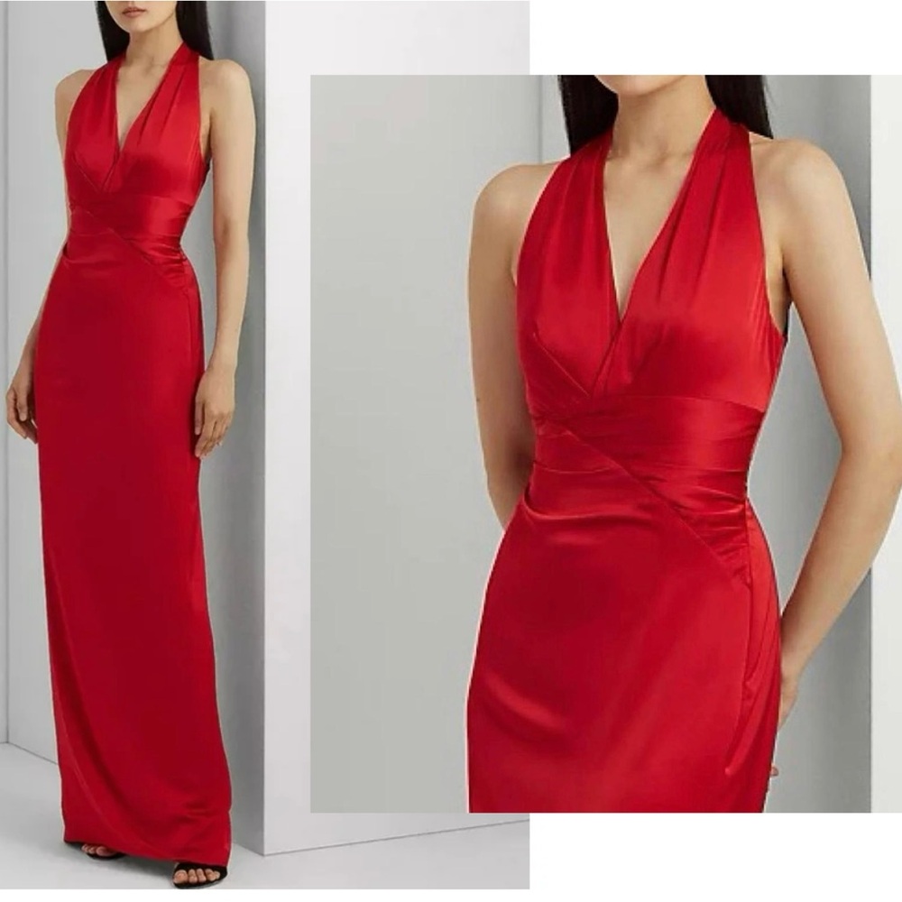 Lauren Ralph Lauren Red Sleeveless Pleated Satin Charmeuse Halter Maxi Gown 10 - Picture 3 of 17